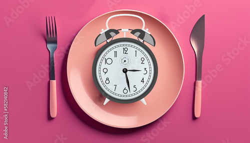 Alarm clock on the pink pastel plate with fork and knife