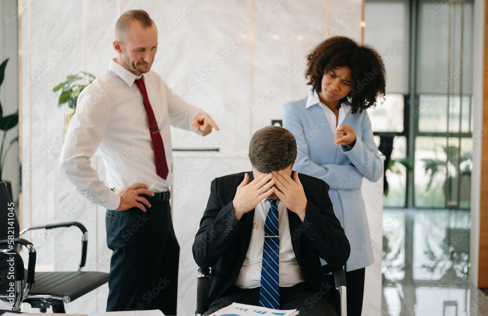 Team thinking of problem solution at office meeting, sad diverse business people group shocked by bad news, upset colleagues in panic after company bankruptcy concept Team thinking of problem solution at office meeting, sad diverse business people group shocked by bad news, upset colleagues in panic after company bankruptcy concept