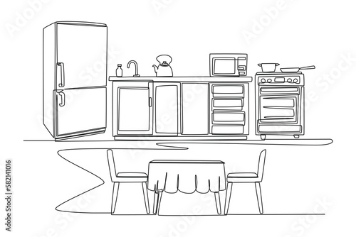 Single one-line drawing simple design of kitchen space for the family. Kitchen room concept continuous line draw design graphic vector illustration