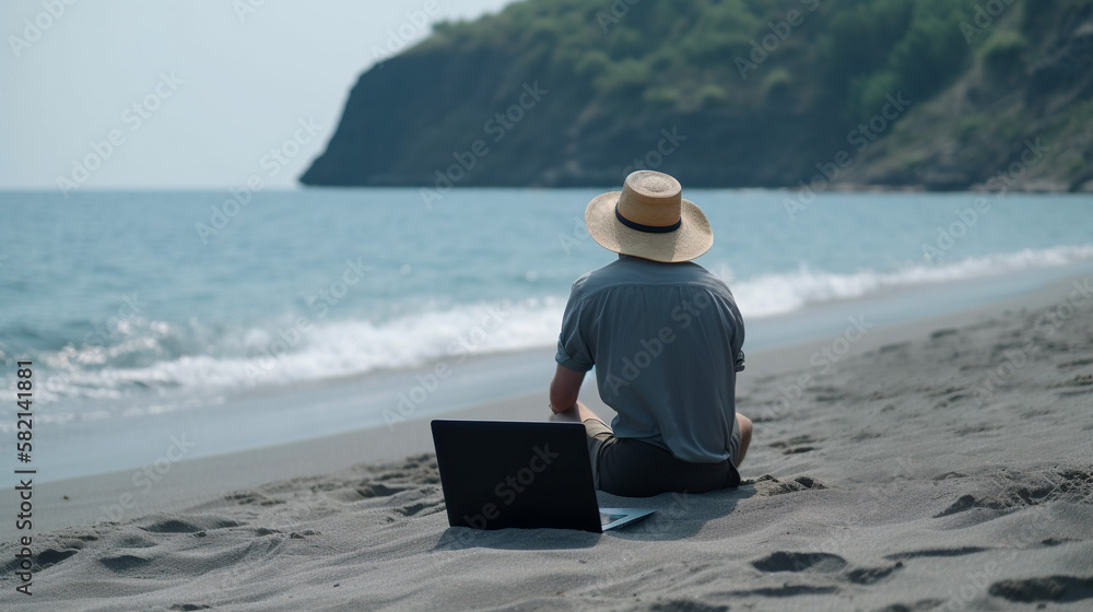 Casually Dressed Man Taking a Break from Remote Work on the Beach, Generative AI