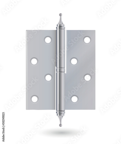 Metal door hinges, silver construction hardware. iron tools for joint gates and windows. Vector