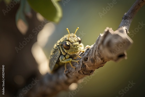 Close-up shot of an insect on a tree branch, showcasing the beauty of nature. Generated by AI.