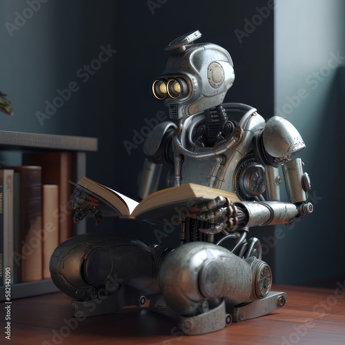 The robot is reading a book. AI generative.