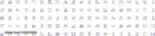 Living at home line icons signs set. Design collection of Dwelling, Residing, Co habiting, Abode, Homely, Domiciled, Lodging, Occupying outline concept vector illustrations