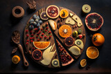 improving the body's natural defense system, immunity boosting concept. Seasonal Fruit Cut Up And Arranged On A Wooden Board, Aesthetic, Warm Dramatic Lighting by generative AI