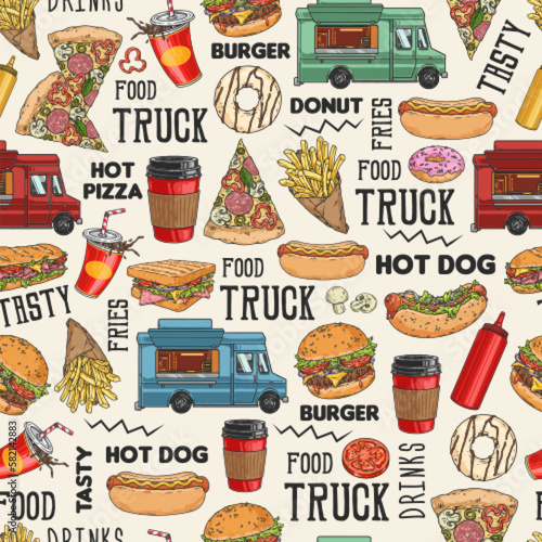 Food trucks colorful seamless pattern