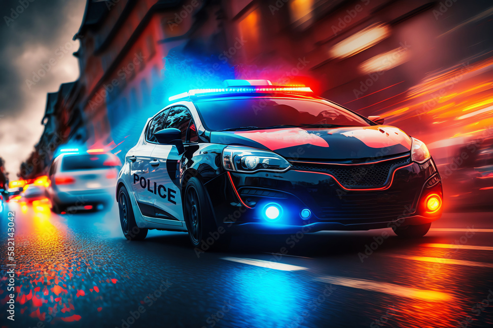 Police car in motion blur with flashing lights. Police car drive to emergency call. Generative AI Police car in motion blur with flashing lights. Police car drive to emergency call. Generative AI