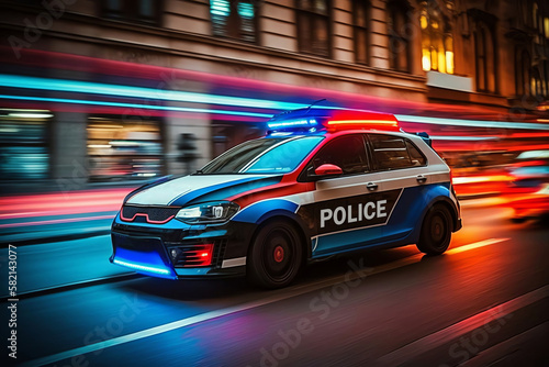 Police car in motion blur with flashing lights. Police car drive to emergency call. Generative AI