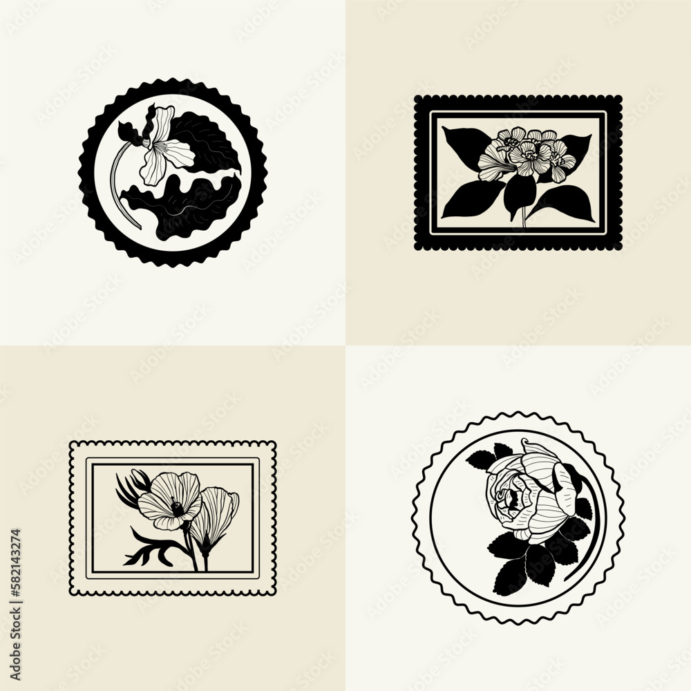 Fototapeta premium Minimalistic flower graphic sketch drawing, black icon, stamp, trendy tattoo design, floral botanic elements vector illustration.