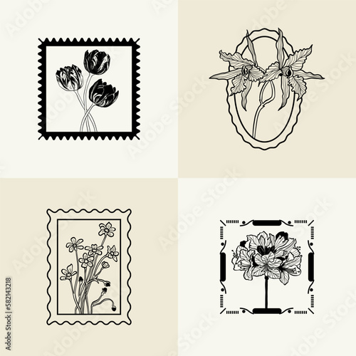 Minimalistic flower graphic sketch drawing, black icon, stamp, trendy tattoo design, floral botanic elements vector illustration.