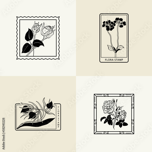 Minimalistic flower graphic sketch drawing, black icon, stamp, trendy tattoo design, floral botanic elements vector illustration.