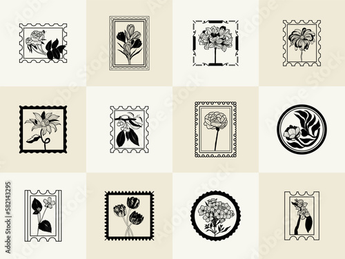 Minimalistic flower graphic sketch drawing, black icon, stamp, trendy tattoo design, floral botanic elements vector illustration.