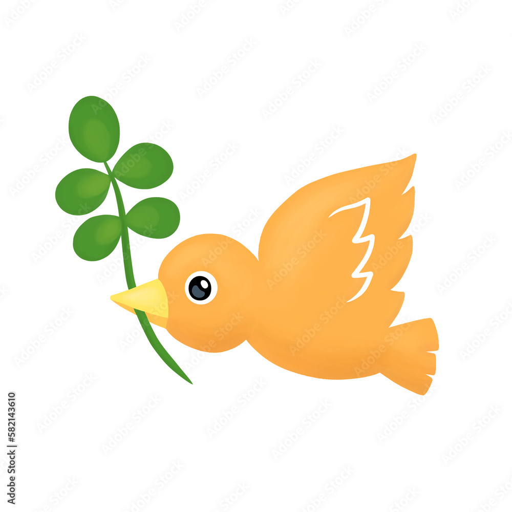 Fototapeta premium Illustration of a bird biting a leaf, 잎을 물고 나는 새 일러스트