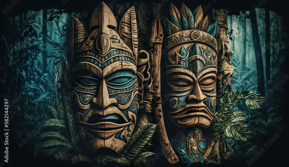 Natural totems tiki mask Indians on background of forest. Generative AI Natural totems tiki mask Indians on background of forest. Generative AI