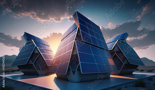 Blue photovoltaic solar panels mounted on building roof for producing clean ecological electricity at sunset. Production of renewable energy concept.