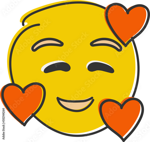 In love emoji. Smiling emoticon with three hearts. Hand drawn, flat style emoticon.