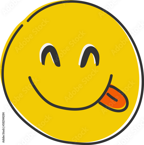 Emoji Face Savouring Delicious Food, Smiling Face savoring Licking Lips, smiley emoticon. Hand drawn, flat style emoticon.