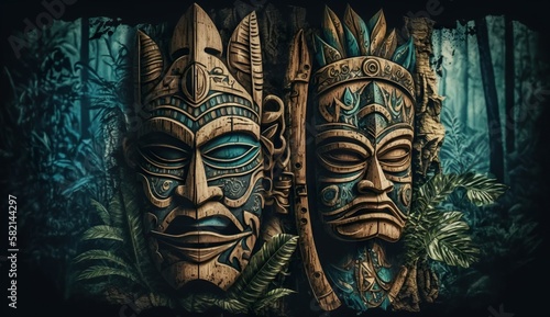 Natural totems tiki mask Indians on background of forest. Generative AI