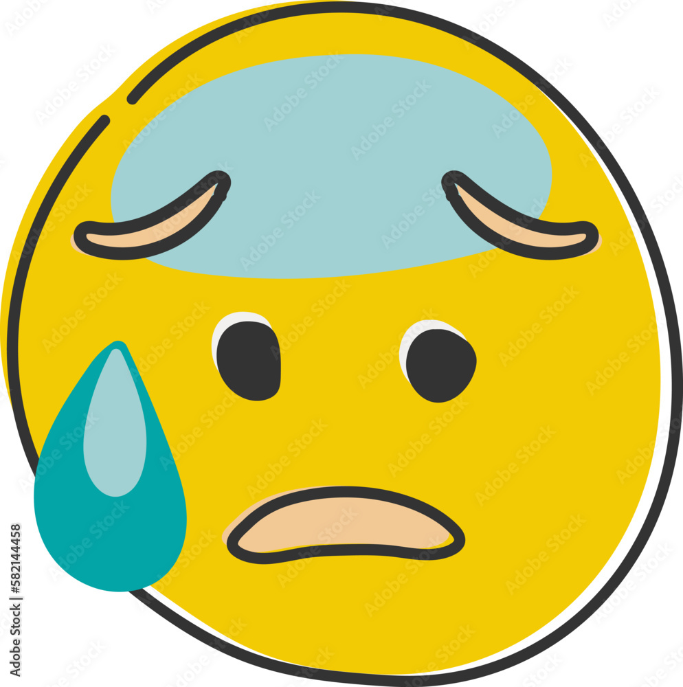 Anxious emoji with sweat. Concerned emoticon with blue forehead and cold sweat dripping down. Hand drawn, flat style emoticon. Anxious emoji with sweat. Concerned emoticon with blue forehead and cold sweat dripping down. Hand drawn, flat style emoticon.