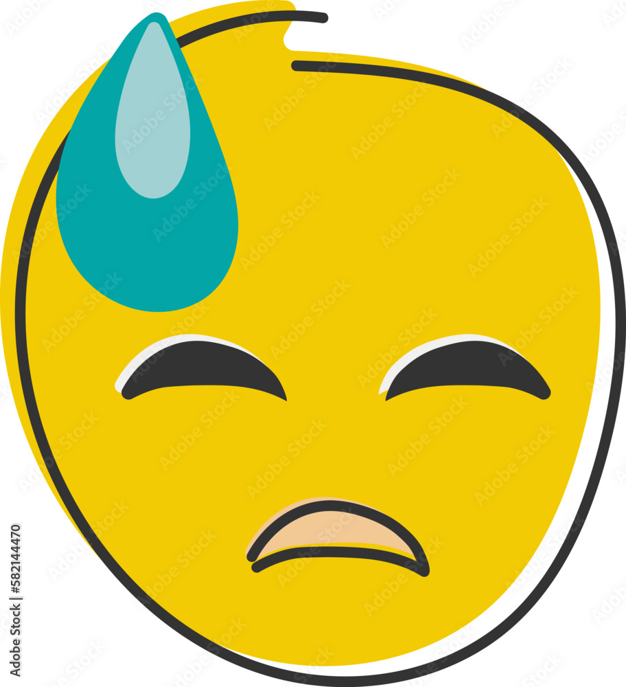 Obraz premium Downcast emoji with cold sweat. Sad yellow face, emoticon with closed eyes. Hand drawn, flat style emoticon.