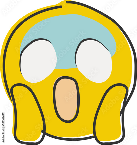 Screaming in fear emoji. Horror and fright emoticon. Yellow face with blue forehead, big scared eyes and long, open mouth. Hand drawn, flat style emoticon.