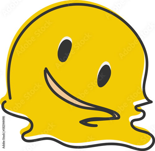 Melting emoji. Melted yellow face with exhausted smile, overheated smiling emoticon melting into a puddle. Hand drawn, flat style emoticon.