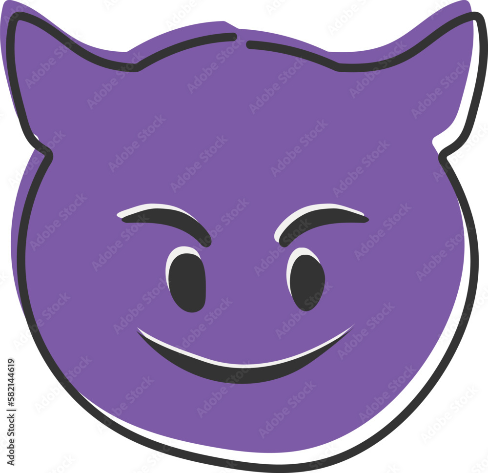 Evil devil emoji. Happy purple emoticon with devil horns. Hand drawn, flat style emoticon. Evil devil emoji. Happy purple emoticon with devil horns. Hand drawn, flat style emoticon.