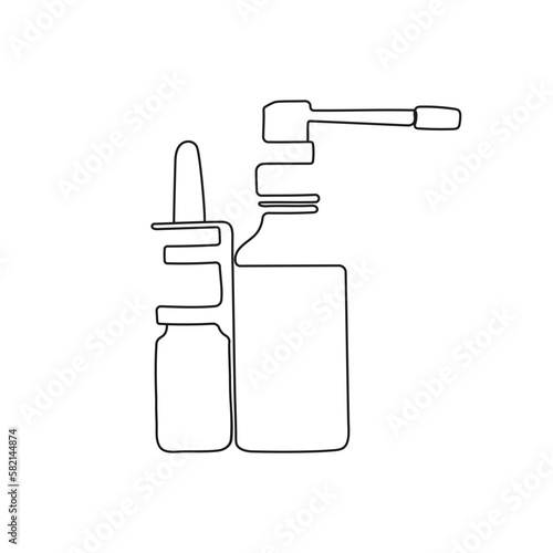 Nazal and throat spray. Medication, one line art. Healthcare and medical concept. Hand drawn vector illustration.