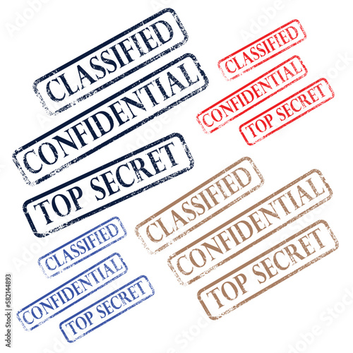 A set of stamps that say classified, confidential, and top secret. 