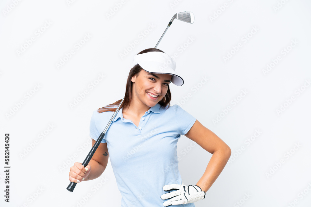 Young caucasian woman playing golf isolated on white background posing with arms at hip and smiling Young caucasian woman playing golf isolated on white background posing with arms at hip and smiling