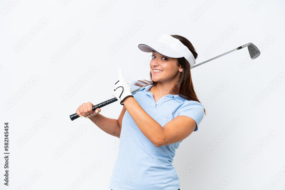 Young caucasian woman playing golf isolated on white background pointing back Young caucasian woman playing golf isolated on white background pointing back