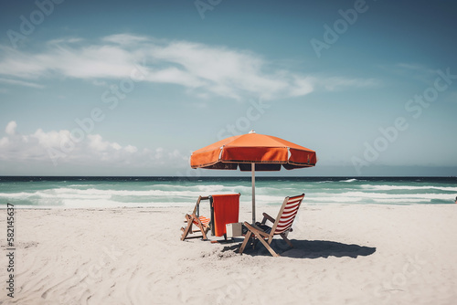 view of two chairs and umbrella on the beach, Created using generative AI tools.