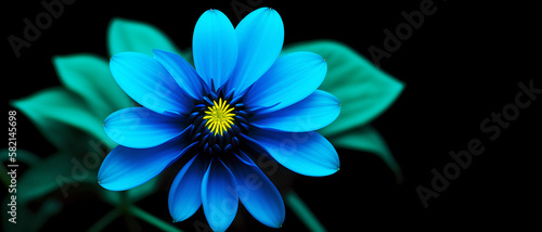 Blue flower on black background. Generative Ai