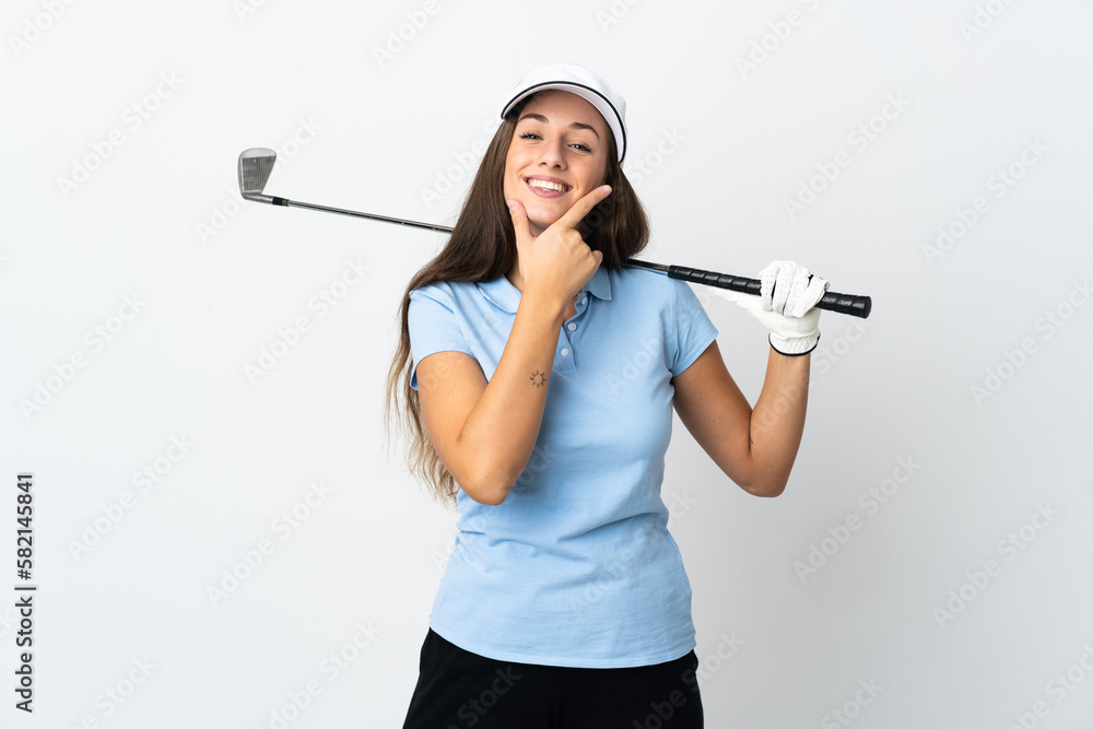 Young golfer woman over isolated white background happy and smiling Young golfer woman over isolated white background happy and smiling
