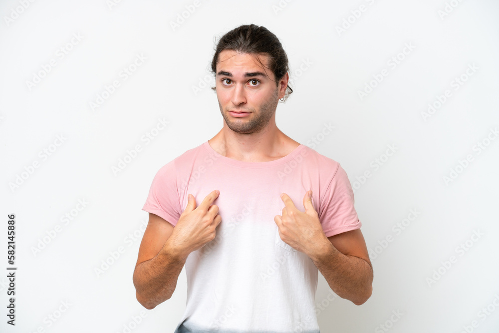 Caucasian handsome man isolated on white background pointing to oneself Caucasian handsome man isolated on white background pointing to oneself