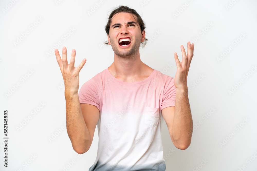 Fototapeta premium Caucasian handsome man isolated on white background stressed overwhelmed
