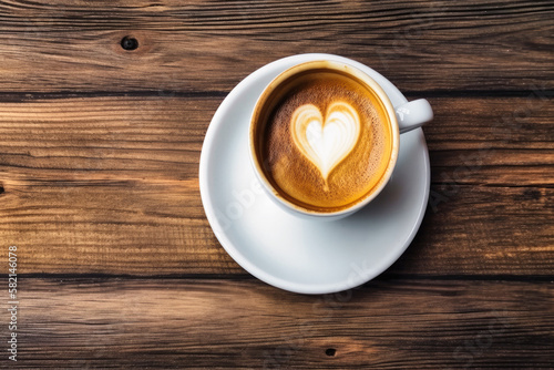 white cup and saucer with delicious freshly brewed coffee with crema in heart shape  isolated beverage design element  top view   flat lay on a wooden table in a coffee shop - Generative AI