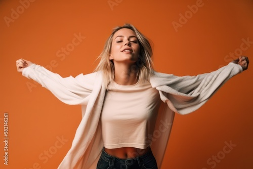 Radiant, carefree blonde woman, joyful expression, arms outstretched, breathing life, positivity, vitality, confidence, generative ai,  generative ai