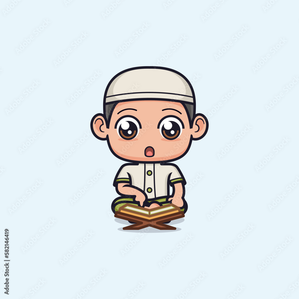 cartoon cute muslim boy reading quran