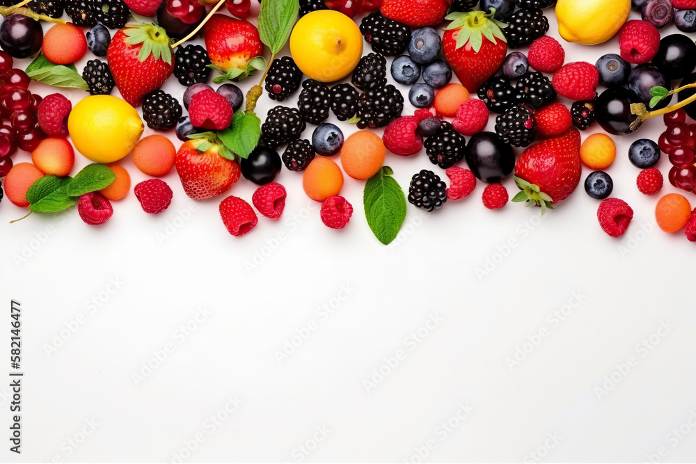 Banner with berries and fruits. Copy space, top view, summer background. Generative AI. Banner with berries and fruits. Copy space, top view, summer background. Generative AI.