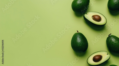 Banner with avocado. Copy space, top view, summer background. Generative AI.