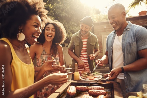 Candid family and friends outdoors, summer barbecue in backyard, enjoying food, laughter, and togetherness, generative ai