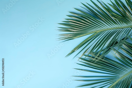 Banner with palm leaves. Copy space, top view, summer background. Generative AI.