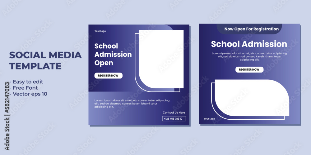 School admission square banner. Suitable for educational banner and social media post template