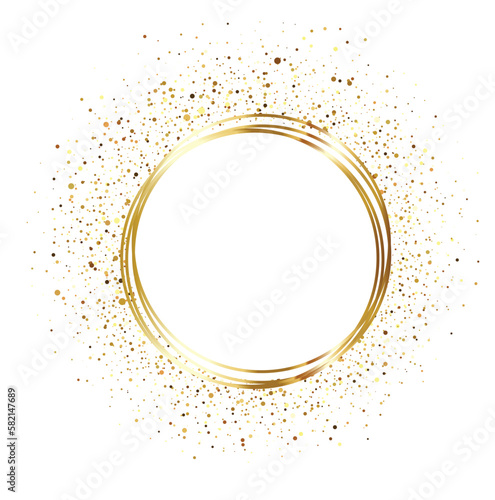 Gold round frame with flying glitter and sequins