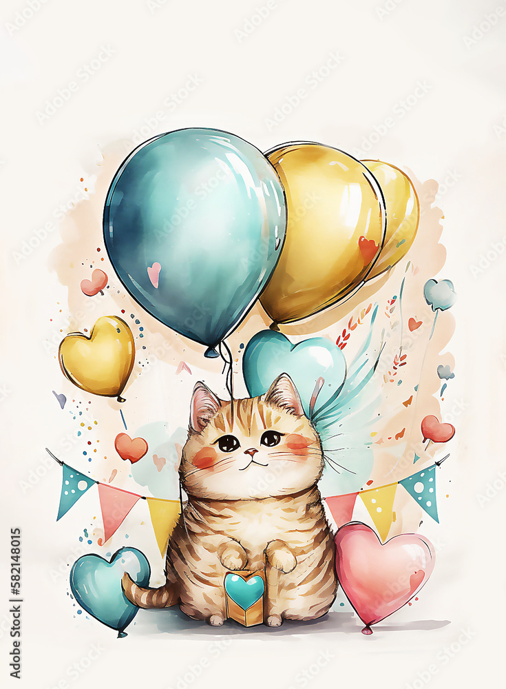 Birthday card with cat in watercolor style. AI generated Stock ...