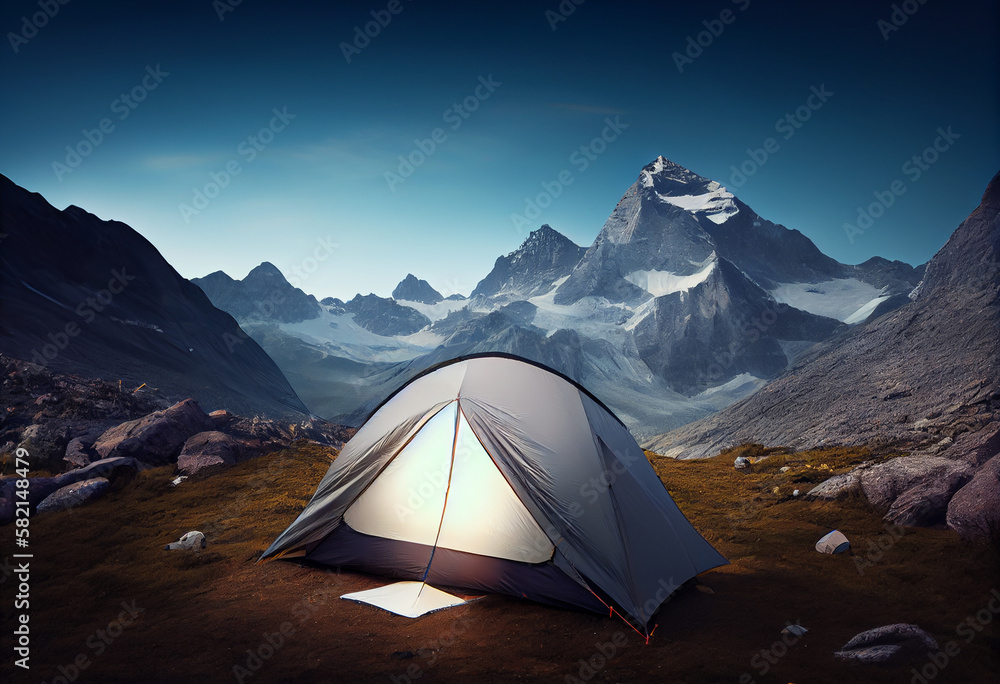 Camping on the mountains with a tent, concept of hiking and travel in nature, generative ai.