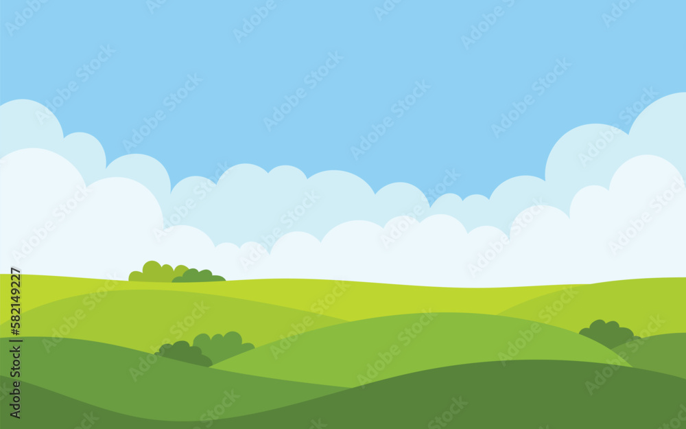 Vector illustration of a grass field and blue sky. Simple nature landscape vector background suitable for social media, mobile app, web and advertising.