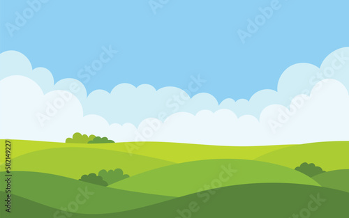 Vector illustration of a grass field and blue sky. Simple nature landscape vector background suitable for social media  mobile app  web and advertising.