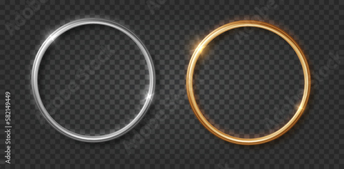 Gold and silver chrome ring frame realistic. Round 3d banner with glow shine and light effect